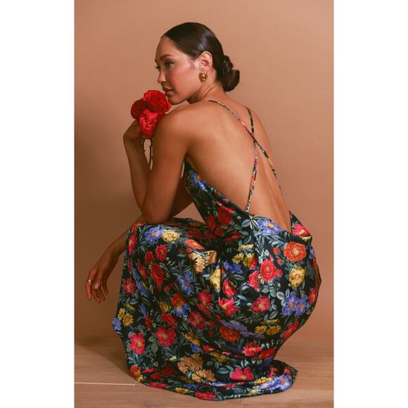 Show Me Your Mumu Hailey Slip Dress in Charm Peony Black Luxe Satin L - Picture 2 of 8